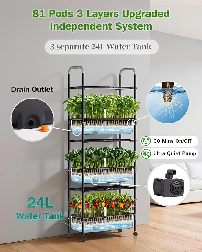 Growell Large Hydroponics Growing System Kit, Vertical Indoor Herb Garden Kit with LED Grow Light & Independent Water Pump, 42L Movable Indoor Planter Perfect Gardening Gifts (3 Tier-81 Pods, Black)