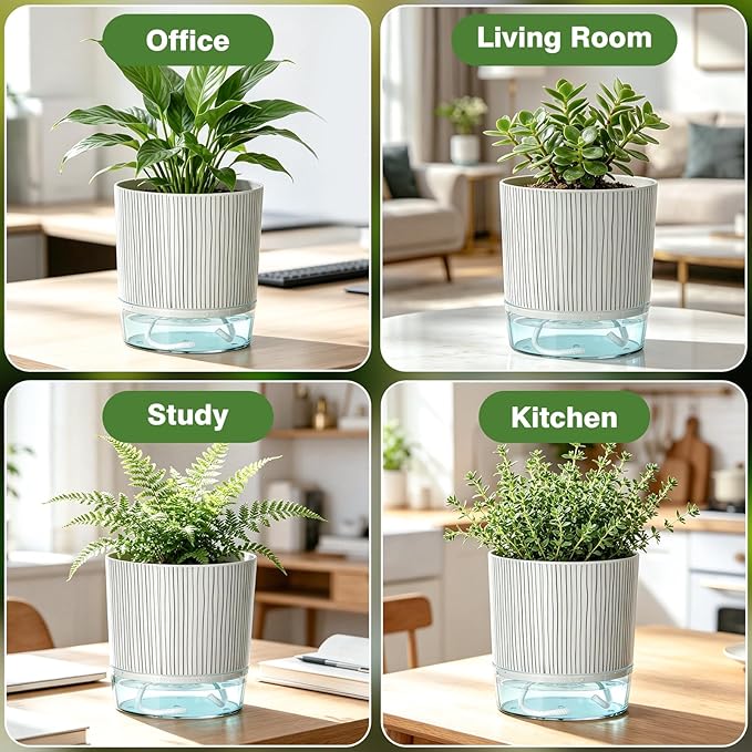Self Watering Pots for Indoor Plants, 4 and 5.3 Inch, Plastic, Black Stripes, Round, Modern, Tabletop