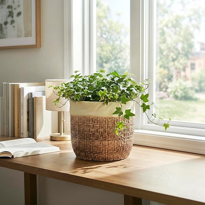 Ceramic Pots for Plants - 8 Inch Plant Pot Indoor with Drainage Hole, Round Planters for Indoor Outdoor Plants and Flowers, Decorative Boho Flower Pots, Room Decor, Housewarming Gifts, Brown