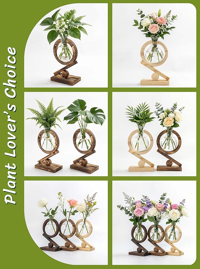 Glass Plant Propagation Station with Wooden Stand and Air Planter Bulb Vase, Birthday Gifts for Home Office Garden Boho Desk Decor (Light Burnt Wood)