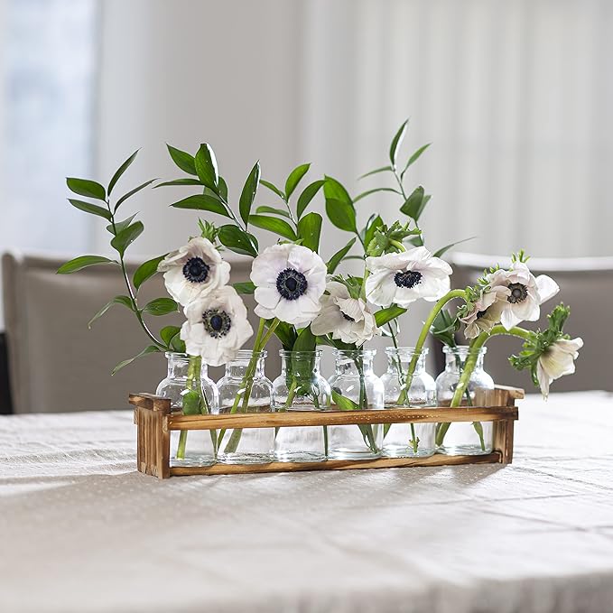 Beautiful Glass Flower Vase with Wooden Plant Stand & 6 Bud Vases, Decorative Glass Bottles for Home Décor, Dining Table Centerpiece, Wedding, Bridal Shower, Events - Vintage Medicine Bottles.