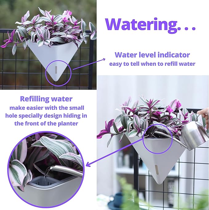 LaLaGreen Wall Planters for Indoor Plants - 4 Pack, 12 Inch Large Self Watering White Geometric Hanging Flower Vase Vessel with Metal Hanger, Modern Stylish Wall Mounted Succulent Pot Holder Decor