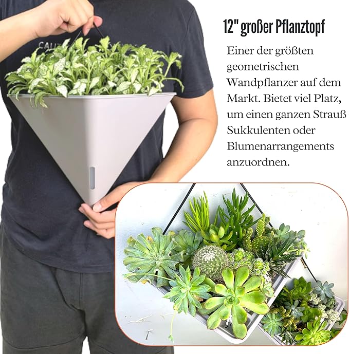 LaLaGreen Wall Planters for Indoor Plants - 2 Pack, 12 Inch Large Self Watering White Geometric Hanging Flower Vase Vessel with Metal Hanger, Modern Stylish Wall Mounted Succulent Pot Holder Decor
