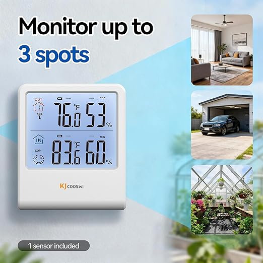 Indoor Outdoor Thermometer Hygrometer, Wireless Digital Temperature & Humidity Monitor with Outdoor Sensor, 328ft Range, Backlight LCD Display for Home, Room, Patio, Battery Included
