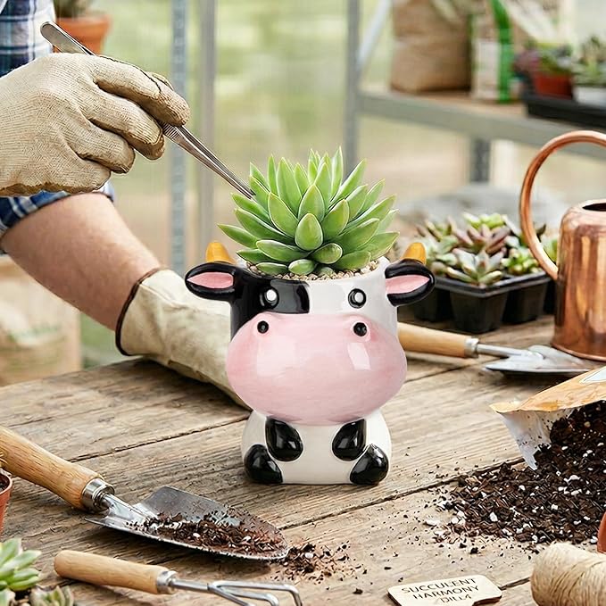 Cute Cow Animal Ceramics Planter Succulent Pot with Drainage, Plant Pot for Indoor Mini Plants Flower Cactus, Home and Garden Decor Fun Gifts