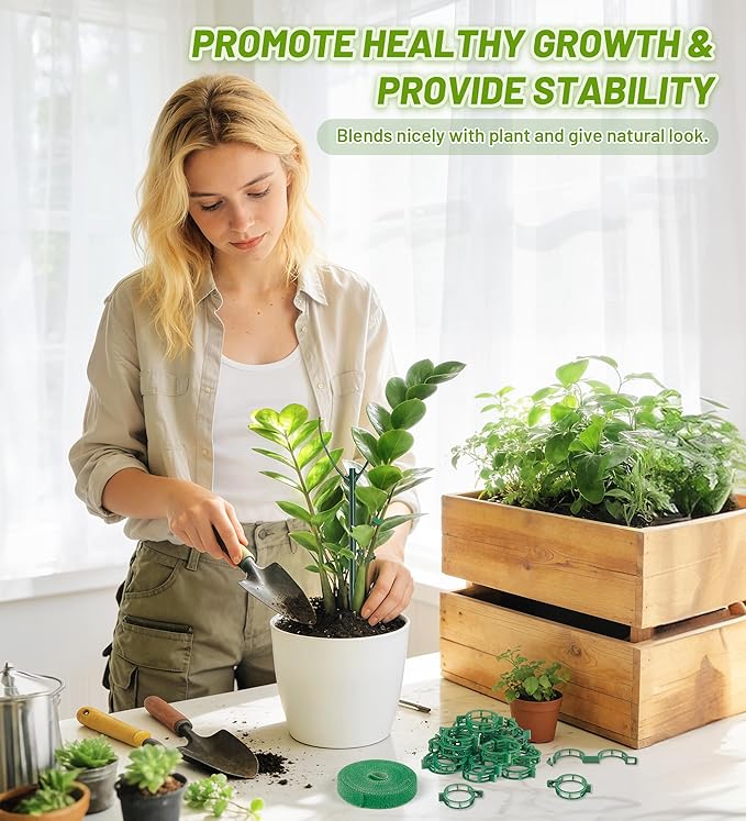Plant Support Stakes, 12 Pcs Stackable Plant Support Poles with 20 Clips, 2 Roll Tie for Indoor Outdoor Monstera Climbing Plants, Green