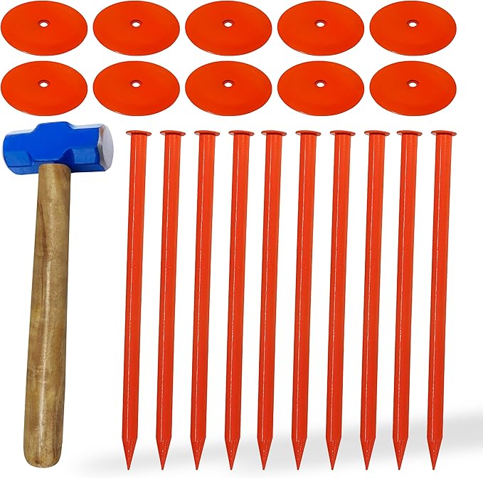 FEBTECH - Septic Tank Marker - 2.7" x 10" - Sturdy Survey Stakes - Protecting Your Septic Tank and Property Boundary - Suitable Property line Markers - Pack of 10 Pcs + 1 Hammer