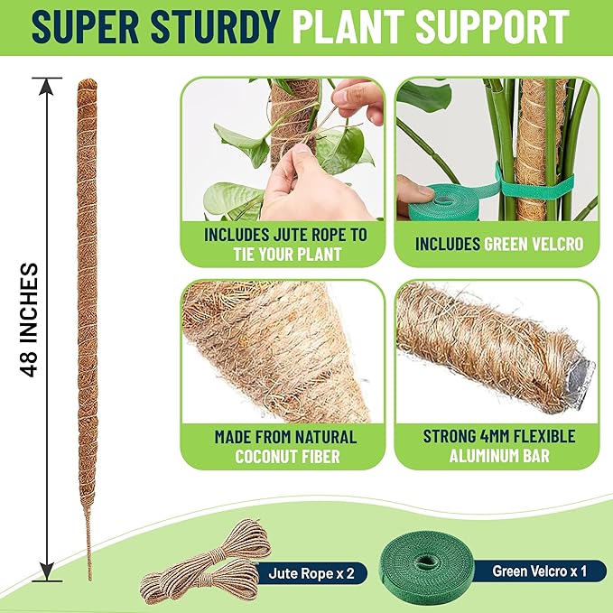 Plant Sticks Support Tall – Large Moss Pole Monstera Plant Support 48 Inch (1 Pack), Bendable Tall Moss Pole for Plants, Indoor Climbing Pole, Easy to Shape and Use