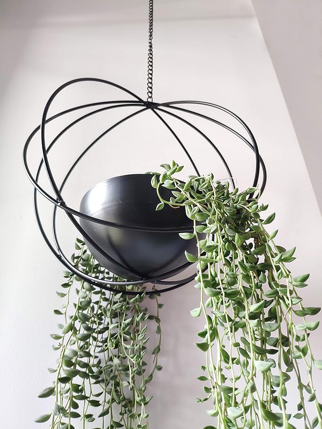 RISEON Boho Black Metal Plant Hanger,Metal Geometric Hanging Planter, Modern Planter, Mid Century Air Plant Holder Stand, Minimalist Planter for Indoor Outdoor Home Wedding Decor