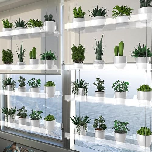 2-Pack Hanging Clear Plant Shelves for Windows, Acrylic Window Wall Plant Stand Shelf for Kitchen Indoor Gardens, Flower, Herb, Seedling Organization, and Pots Display, 16 Inch per Tier