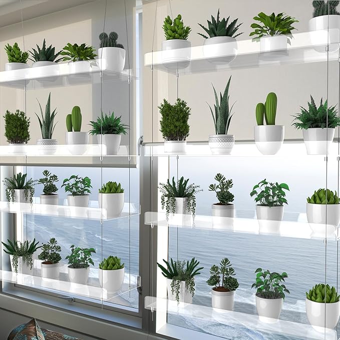 4-Tier Hanging Clear Plant Shelves for Windows, Acrylic Window Wall Plant Stand Shelf for Kitchen Indoor Gardens, Flower,Herb, Seedling Organization, and Pots Display, 16 Inch per Tier