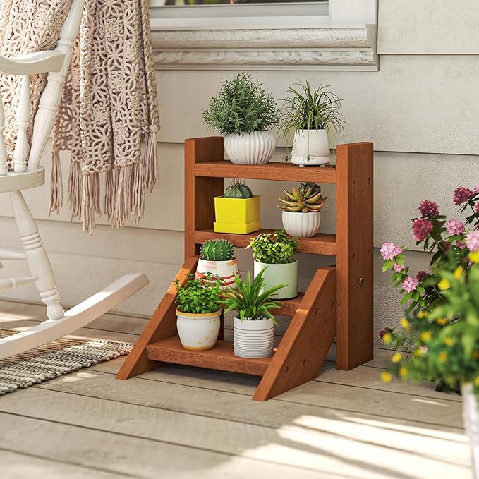 Giantex Plant Stand for Desk, 4-Tier Small Tabletop Ladder Shelf for Succulents, Indoor Window Sill Flower Rack, Wooden Desktop Plant Holder for Home, Kitchen, Office, Countertop Display Organizer