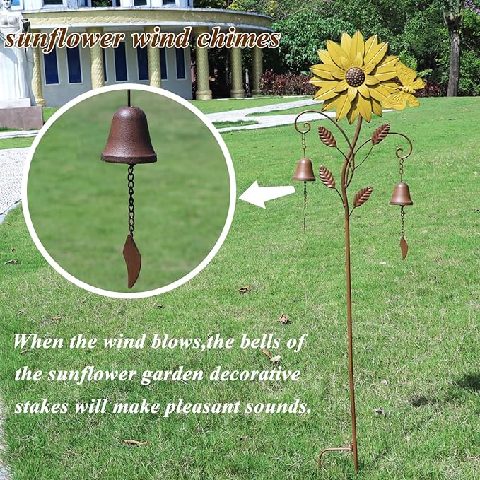 HLQMFHT Sunflower Garden Stake with Bells, Decorative Garden Stakes for Garden Yard Patio Decor