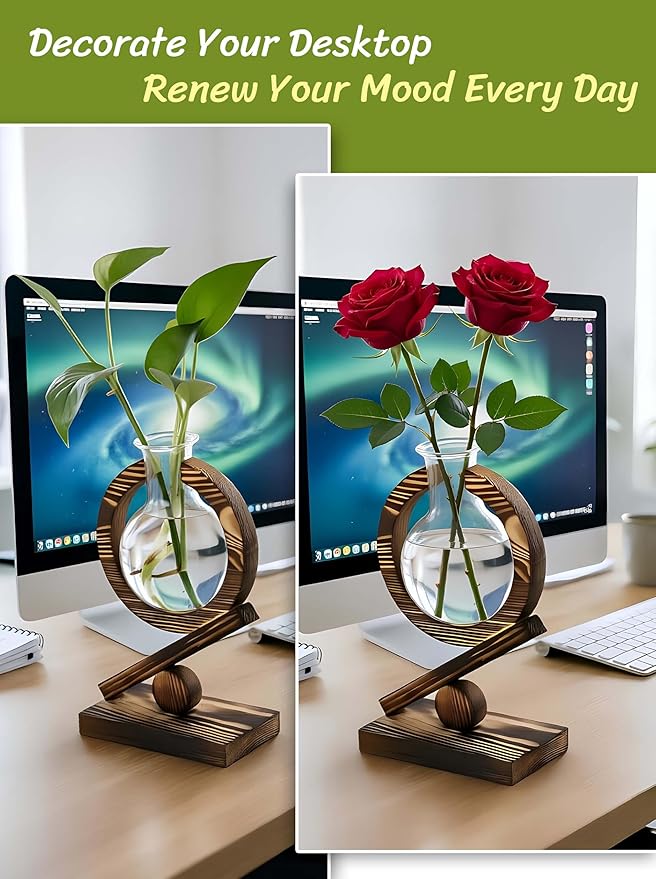Glass Plant Propagation Station with Wooden Stand and Air Planter Bulb Vase, Birthday Gifts for Home Office Garden Boho Desk Decor (Light Burnt Wood)