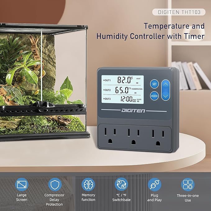 DIGITEN Reptile Temperature and Humidity Controller with Timer Outlet, Day-Night Function Thermostat, 3-Stage Outlet Plug in Temperature Controller for Reptile, Mushroom, Homebrew