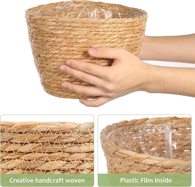 Beavorty Woven Flower Basket Plant Pot with Plastic Liner Indoor Outdoor Decorative Rattan Planter for Small Plants Succulents and Home Garden