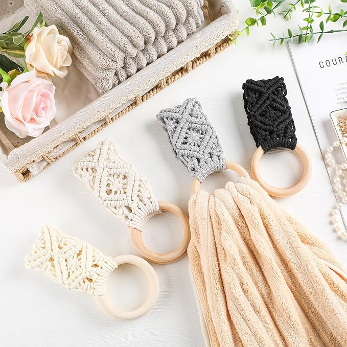Tioncy 4 Pcs Kitchen Dish Towel Holder Mother's Day Gifts Boho Handmade Crochet Hanging Towels Loop Ring Knit Towel Hanger for Cabinet House Oven Stove Door, 4 Colors(Gray)