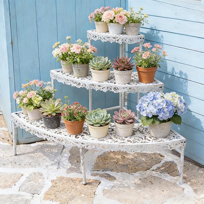 3-Tier Vintage Corner Plant Stand for Indoor Outdoor Distressed Metal Flower Pot Holder Shelves with Ornate Cutout Edges Multi-Level Planter Rack Display Corner Shelf Antique Tall Plant Shelf for Patio Porch Garden Balcony Living Room (White)