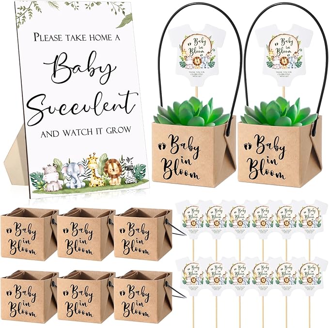 Geetery 101 Pcs Succulent Baby Shower Party Favors for Guests Include 1 Wooden Table Sign 50 Kraft Succulent Pots and 50 Tags for Baby Shower Party Gifts(Woodland)