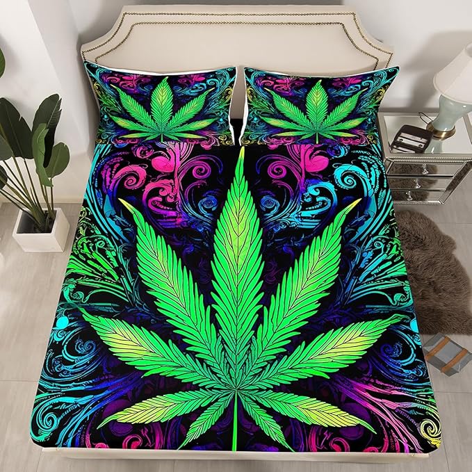 Feelyou Kid's Bed Sheet Set Queen Marijuana Sheets Set Cannabis Weed Leaf Bedding Set for Boys Girls Teens Bedroom Decor Ultra Soft Microfiber Trippy Colorful Fitted Sheet + Flat Sheet + Pillow Case