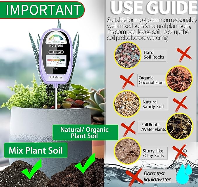 HSLGOVE Soil Test Kit, 2-in-1 Soil Moisture Meter/Soil PH Meter, Dual Screen Soil Tester, Soil Moisture Meter for Plants Watering/Gardening for Lawn,Farm Indoor&Outdoor Use-Purple