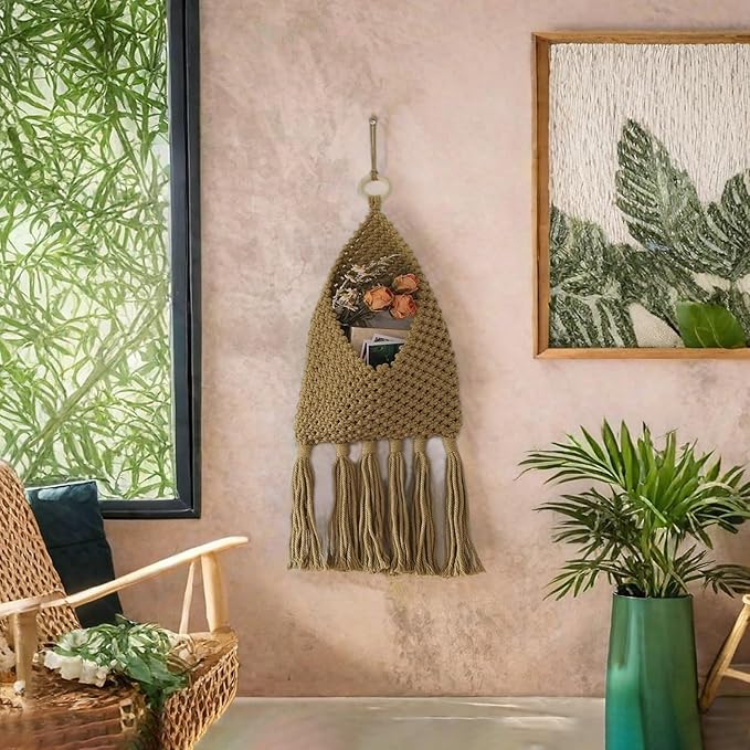 Macrame Mail Organizer Wall Mounted, Hanging Woven Basket for Boho Home Office Decor, Over the Door Key and Mail Letter Envelope Holder for Entryway Hallway, Olive Green
