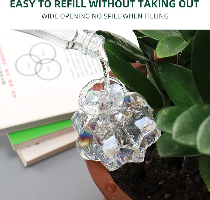 Soilagua 10 oz Large Top Fill Cactus Plant Watering Globes, Light Iridescent Glass Water Bulbs, Slow Release Self Watering Devices, Vacation Plant Watering System Self Watering Planter Insert, 4 Pack
