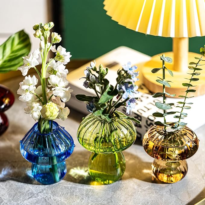 Mushroom Vases, Set of 3 Colored Plant Propagation Station, Mushroom Propagation Vase, Mini Terrarium for Plants, Cute Glass Hydroponic Vase for Flowers, Gifts for Women, Plant Lover (3)