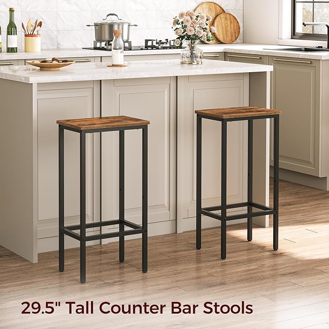 MAHANCRIS Set of 2 Bar Stools, 29.5" Tall Counter Bar Stools, Kitchen Breakfast Bar Chairs with Footrest, Rectangular Industrial Bar Chairs, for Dining Room, Rustic Brown and Black BAHR01701