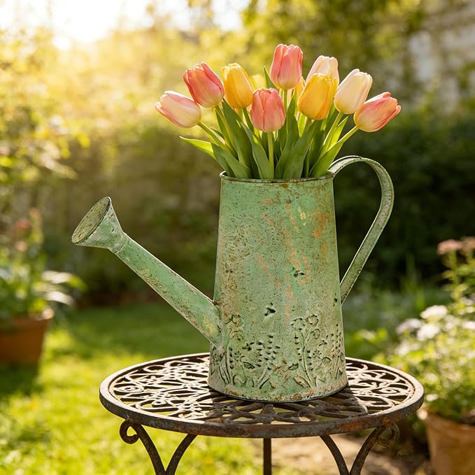 Vintage Green Metal Watering Can, Functional Garden Waterer with Floral Embossed for Indoor Outdoor Plant Care, Rustic Decor for Home Garden Patio