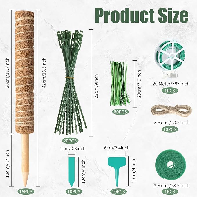 16 Pack Moss Pole for Plants Monstera 264 Inch Bendable Plant Pole Sticks Support Extension with Ropes Labels Tapes Tie Strap Locking Straps Green Twist Ties for Indoor Climbing Creepers