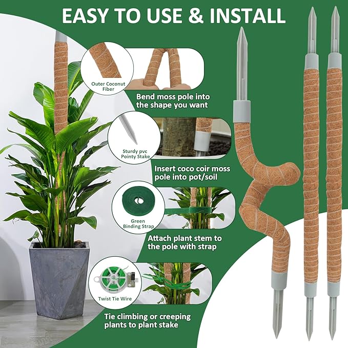 2 Pack Moss Pole, 55 Inches Tall Bendable Coco Coir Poles Monstera Plant Support for Climbing Indoor Plants, DIY Plant Stakes Kit Support for Pothos, Philodendron,Potted Plants