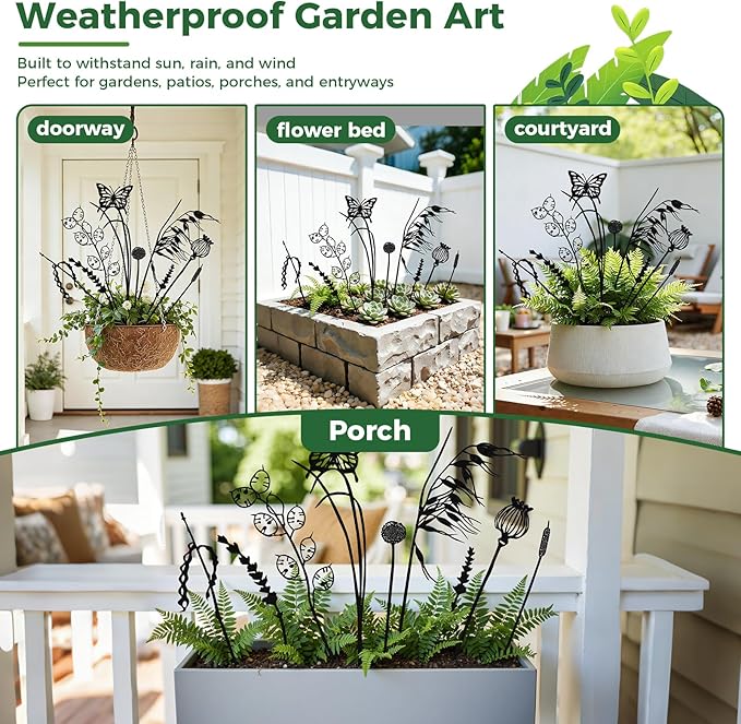 Decorative Metal Flowers for Outside, Rustic Metal Garden Stakes for Potted Plants, Metal Plants Outdoor Decor Vintage Rust Finish, Gift-Boxed Nature Meadow Garden Decor (Black_Butterfly Meadow Set)