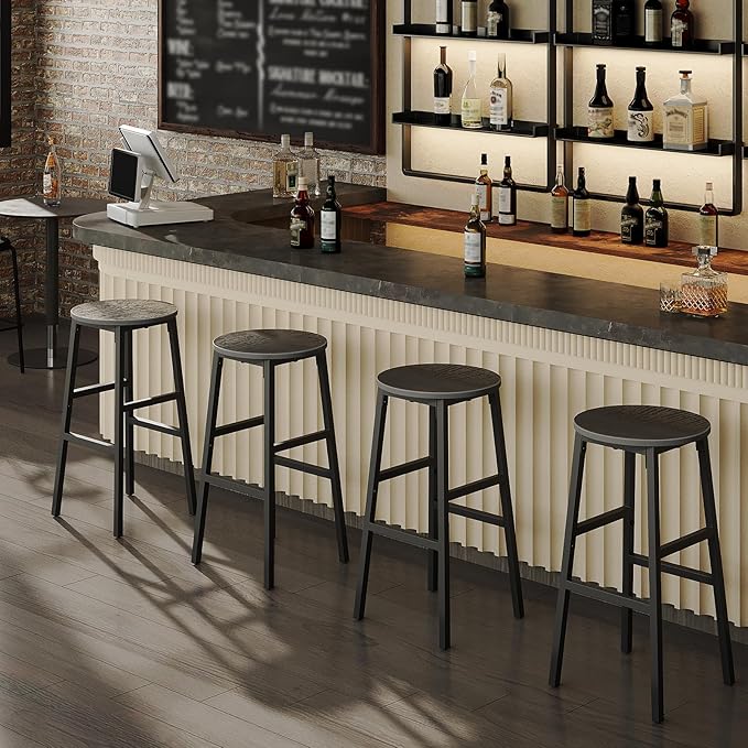 MAHANCRIS Bar Stools, Set of 2 Round Bar Chairs with Footrest, 24.4 Inch Kitchen Breakfast Bar Stools, Industrial Bar Stools, Easy Assembly, for Dining Room, Kitchen, Black BAHB0201 (Pack of 3)