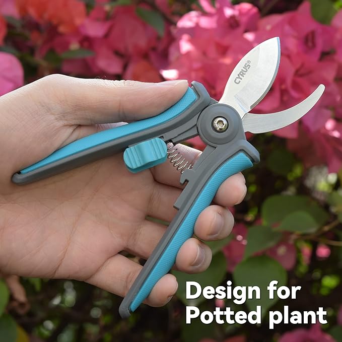 CYRUS 6'' Garden Scissors Small Pruning Shears with Curved Blades,Hand Pruners for gardening,Floral Flower Shears for Plants Trimming,Stainless Steel Blue