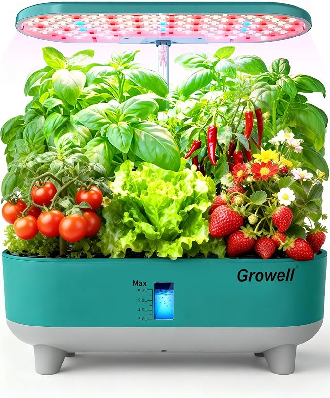 Growell Hydroponics Growing System Kit, 16 Pods, Vertical 8L Indoor Gardening System for Herb Vegetable Fruit, Hydro Garden with LED Grow Light, Smart Water Circulation, 3 Light Modes & 2 Timer, Green