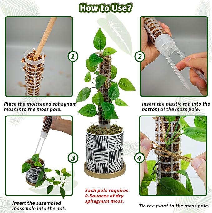 Small Moss Pole for Monstera - Stackable & Refillable Plastic Moss Poles for Climbing Plants with Large Mesh Design (2Pack-White-Small)