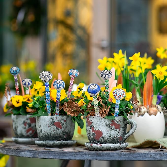 Silipull 255 Pcs 14 Inch Christmas Garden Stakes Decorative Blue and White Porcelain Ceramic Round Beaded Garden Stakes Decor Fairy Sticks for Indoor Outdoor Yard Lawn Pathway Patio Decoration