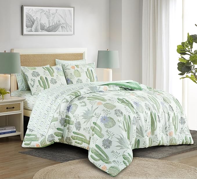 Chezmoi Collection Gregory 7-Piece Serene Lodge Bed in a Bag Full Comforter Set - Green Blue Cactus Succulent Plant Printed Microfiber Bedding Set