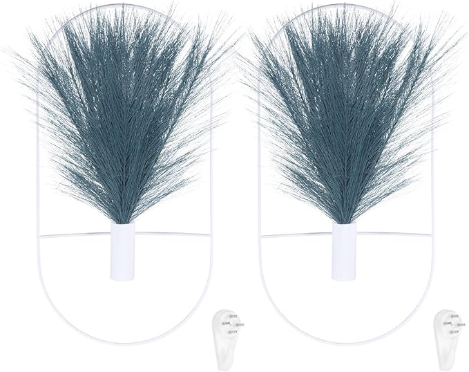 uxcell 2 Pcs Wall Decor Metal White Wall Art Hanging Planters with Artificial Pampas, Wall-Mounted Decor Metal for Display Artwork Plant Hanging Living Room Bedroom, Blue (Oval)