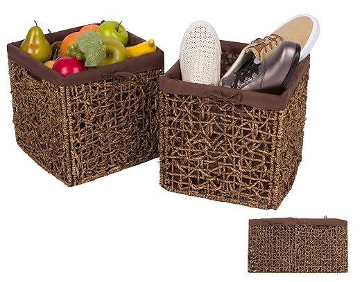 Trademark Innovations 10.6" Foldable Seagrass Storage Basket with Liner and Iron Wire Frame (Set of 2)