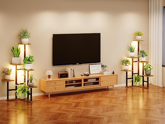 Yzosvki Corner Plant Stand Indoor with Grow Lights, 6 Tiered Corner Plant Shelf Flower Stand for Multiple Plants, Plant Shelves Organizer Rack for Living Room, Balcony, Patio, Square Rustic Brown