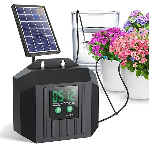 Biling 4W Solar Drip Irrigation System Kit, Digital Programmable Automatic Water Timer with 2200mAh Battery, Water-Saving Garden Watering System for 15-20 Potted Plants Outdoor/Indoor