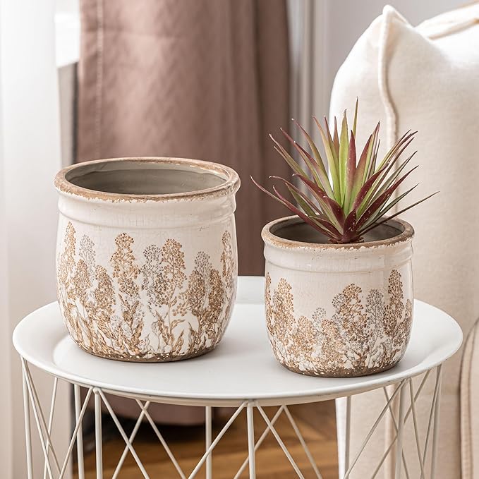 SURE YUESI Set of 2 Ceramic Planters 4.7” & 5.7”, Vintage Brown Rustic Flower Pots Without Drainage Hole, Decorative Indoor Plant Pots for Home Decor, Living Room