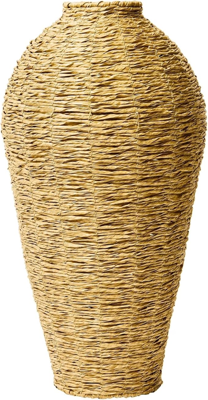 Woven Faux Seagrass Floor Vase, 22 Inch Large Decorative Urn, Natural Handwoven Look Basket, Farmhouse Boho Decor for Living Room, Entryway, Office