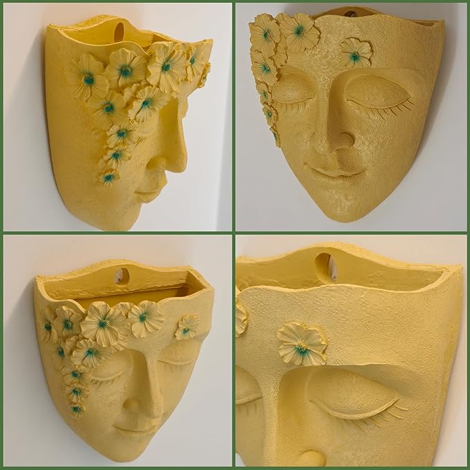 Face Shape Wall Planter Elegant Yellow Resin Wall-Mounted Head Pot with Drainage Hole Unique Small Vase Holder for Flower,Succulents, Hanging Plants for Plant Lovers