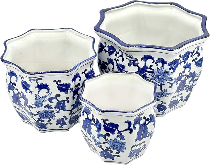 Galt International Blue & White Round Fluted Floral Porcelain Ceramic Plant Flower Planter Pot Set of 3 (7.5", 10", 13") Garden Pots Chinese Asian Design