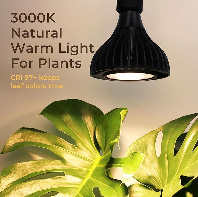 Grow Lights for Indoor Plants, 40W LED Full Spectrum Grow Bulb, 3000K Warm White (E26/E27), CRI 97+, Non-Dimmable, for Houseplants in Low-Light Rooms, Black