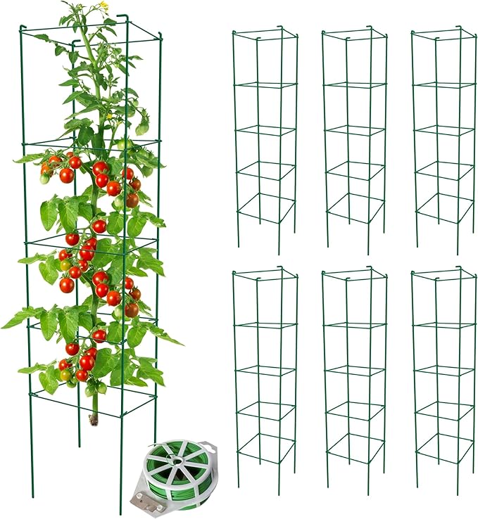 Thealyn Tomato Cages 6 Packs 57 Inches (H) Plant Stand with 164 Feet Twist Ties, Heavy Duty Garden Plants Support for Tomatoes, Cucumber, and Other Climbing Plants (Green)