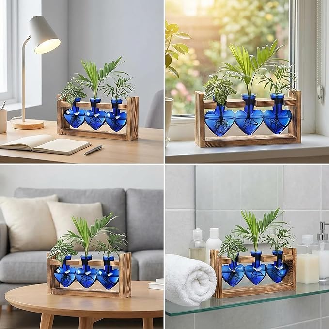 Plant Propagation Station 3Pcs Heart Vase with Wooden Stand Tabletop for Hydroponics Indoor Home Table Decor for Her Plant Lovers Women Mom Wife Daughter (Blue)